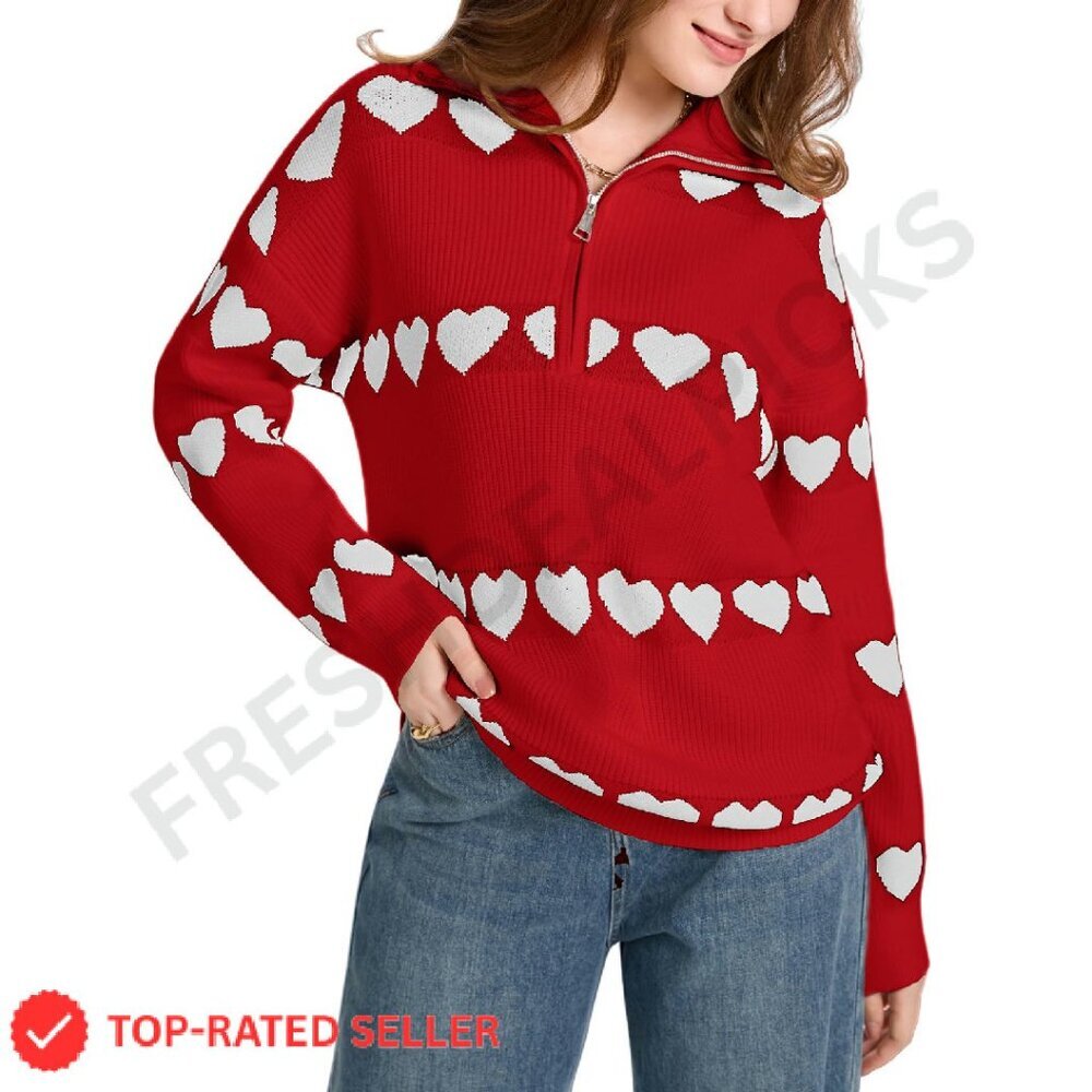 Oversized Quarter Zip Heart Knit Pullover Cozy Winter Sweater Chic